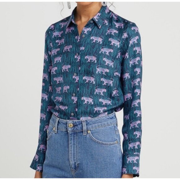 J.CREW Tops - J. Crew Collection Tiger Print 100% Silk Blouse Women 8 Navy Pink Button Front